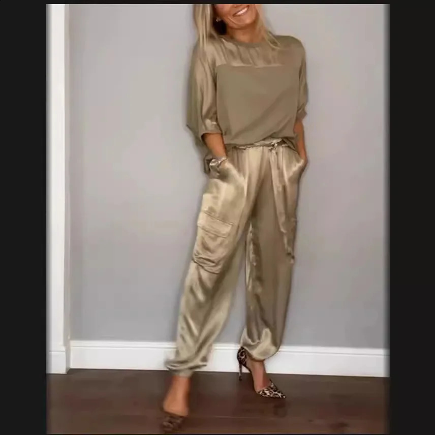 Elegant Satin Two Piece Set Women Outfits Summer Casual Solid O Neck Shirt Long Pants Tracksuit Fashion Female Loose Suit 240813