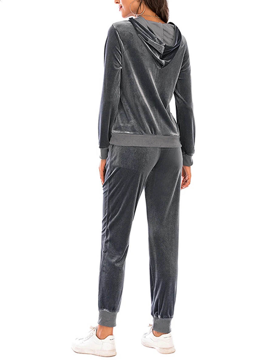 Sweat à capuche et pantalon zippé en velours des femmes - Sweats-shirts à capuche de couleur unie vintage tenue 240813