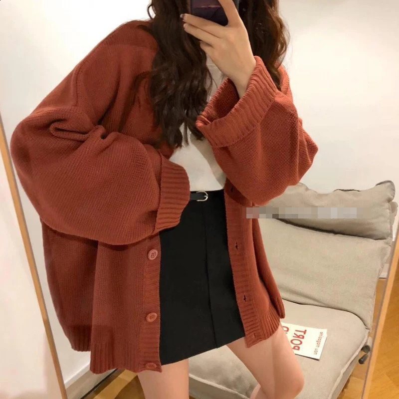 Womens Cardigan Sweater V-Neck Button-Down Oversized Knit Jacket Korean Casual Chic Outfit 240813