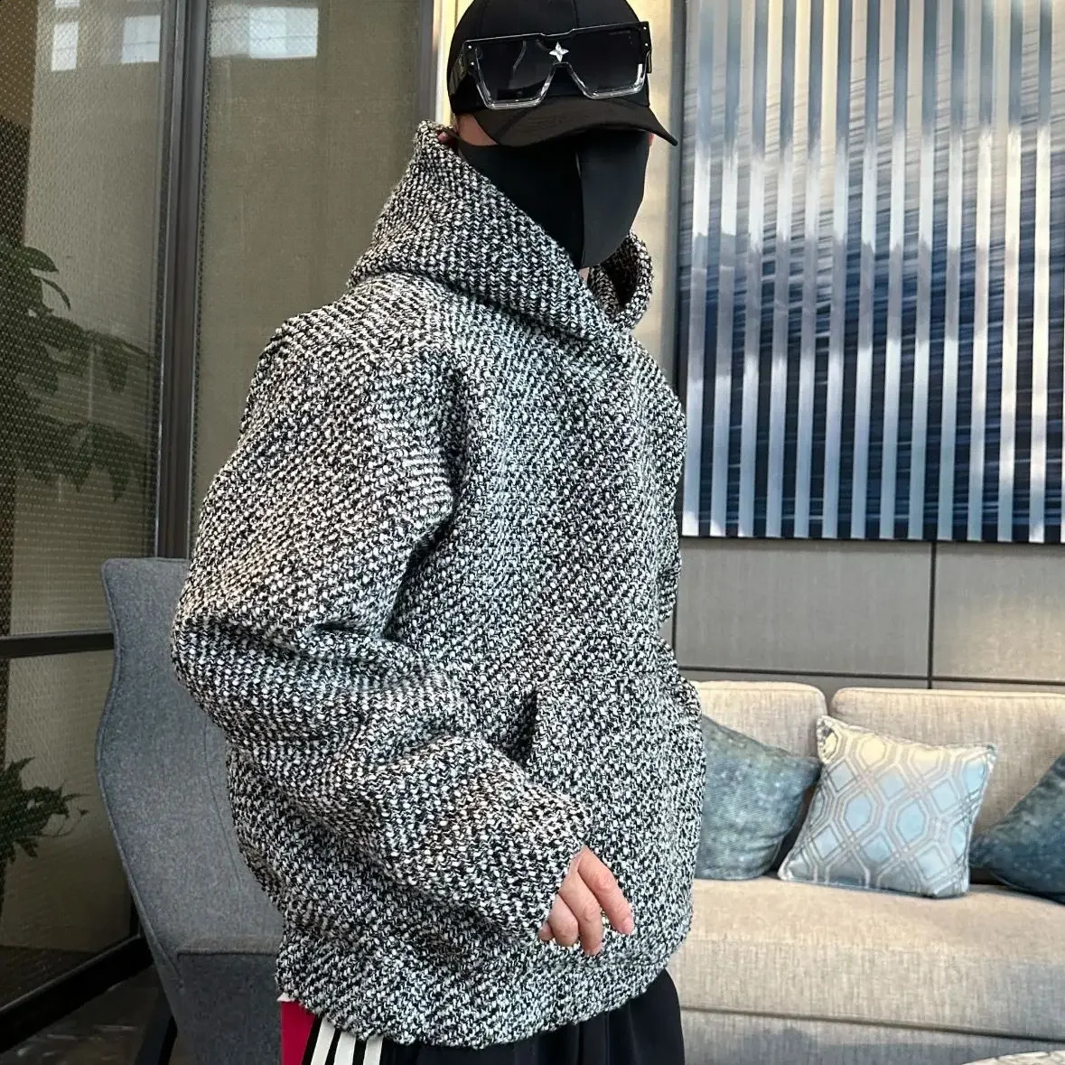 Autumn Winter Tweed Woven Hooded Sweatshirt Mens Loose Casual High Street Pullovers Men Tops Hoodies Hip Hop Male Clothes 240812