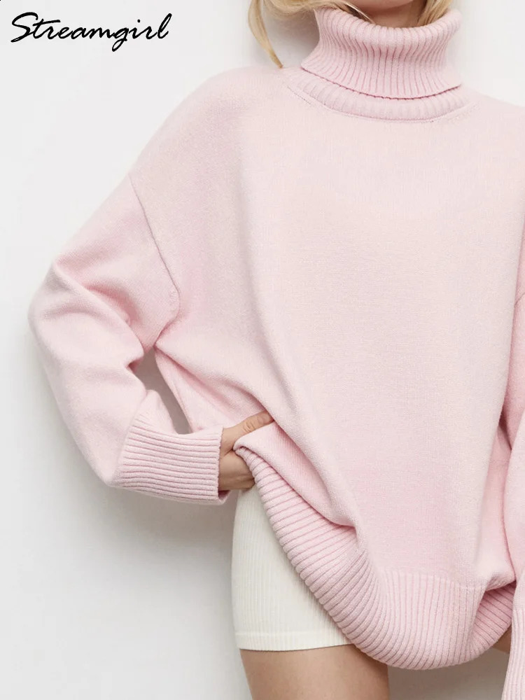 Oversize Women Turtleneck Sweater For Winter Ladies Long Sleeve Tops Loose Pullovers White Jumpers Warm Pink Sweaters For Women 240813
