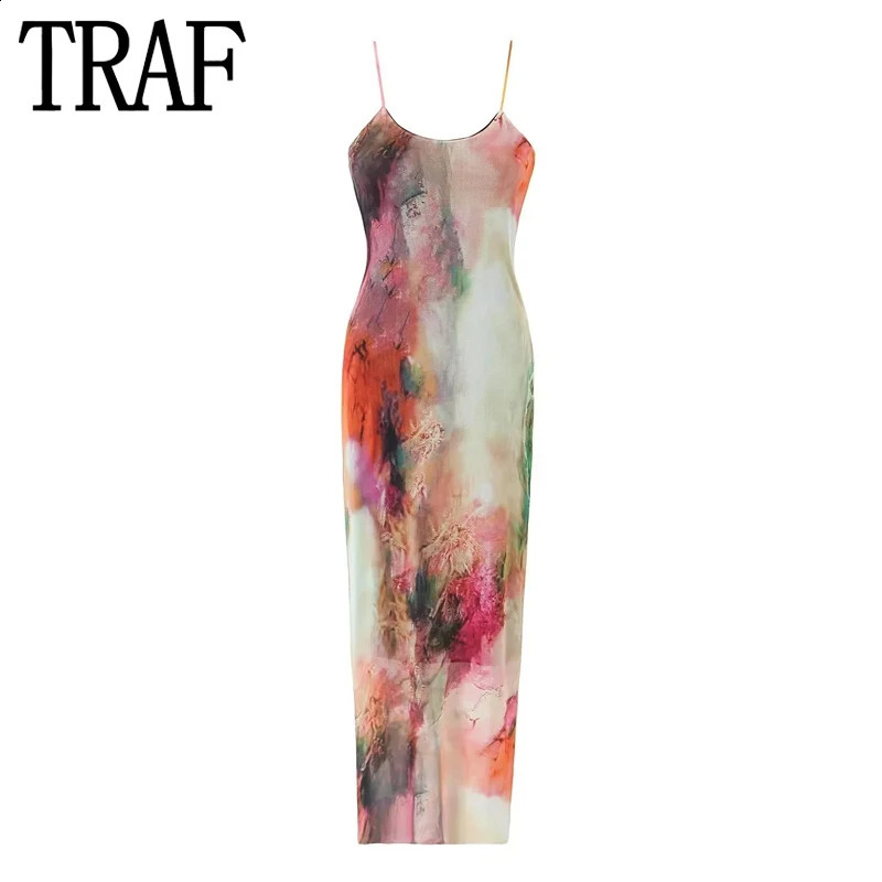 Traf Tie Dye Tulle Long Robe Femmes Été Slip Bodon Conse Backless Sexy Sumy Robes MIDI SOIR DE SOIR