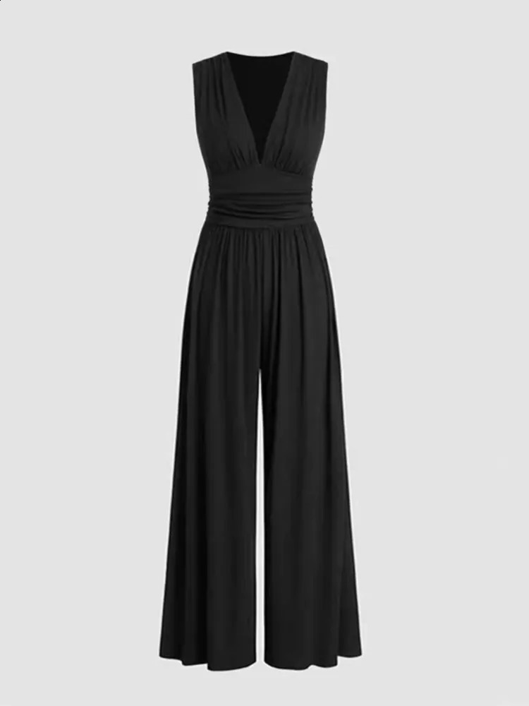 Womens Jumpsuit Solid Color Sexy Sleeveless Deep V-neck Pleated Elastic Waistband Shaping Wide Leg Jumpsuit 240813