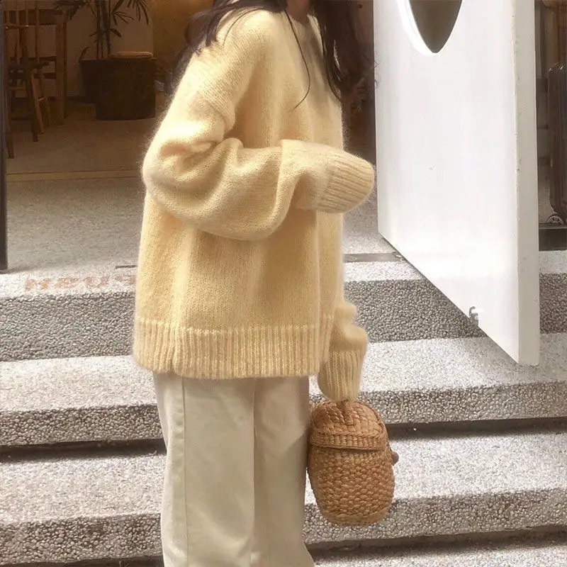 Autumn and Winter Loose Knitted Pullover Yellow Sweater Womens Round Neck Solid Color Top Winter Clothes Women 240813
