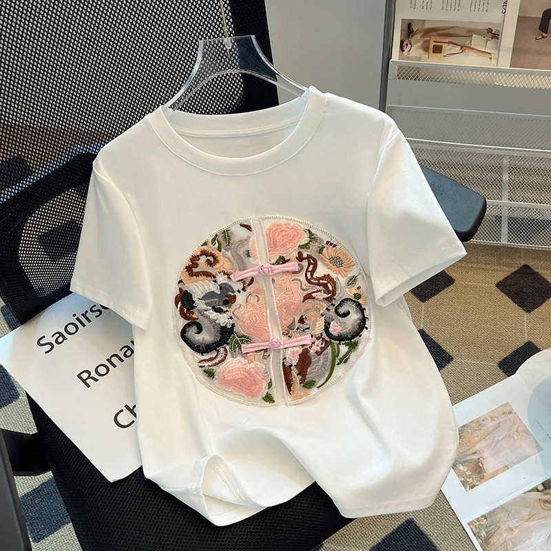 Womens clothing womens T-shirt Y2k top retro womens clothing fashionable casual elegant summer embroidered T-shirt240812