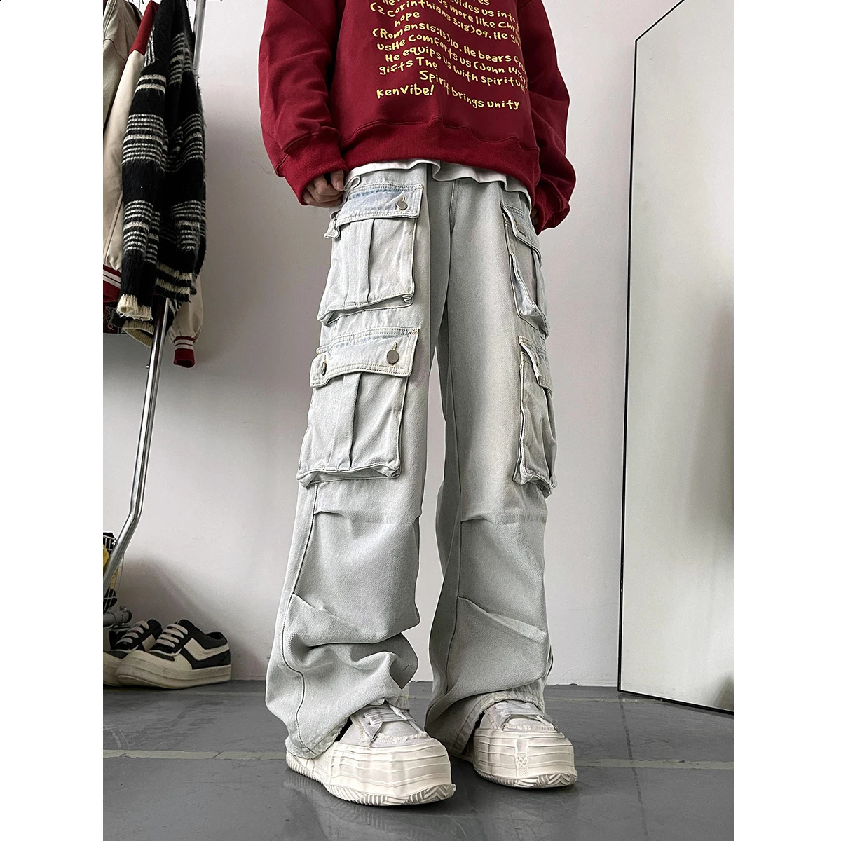 Jeans de cargaison bleu clair travail masculin droit des hommes décontractés multi-poche vites.