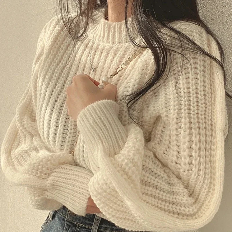 Loose Vintage Harajuku Lantern Long Sleeve Women Sweater Korean Autumn Winter Knitwear Soft Warm Tops Chic Solid Femme Sweater 240813