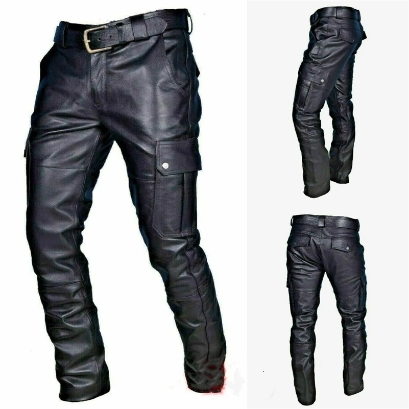 2023 Mens Autumn and Winter Solid PU Strap Fashion Casual Leather Pants y240812
