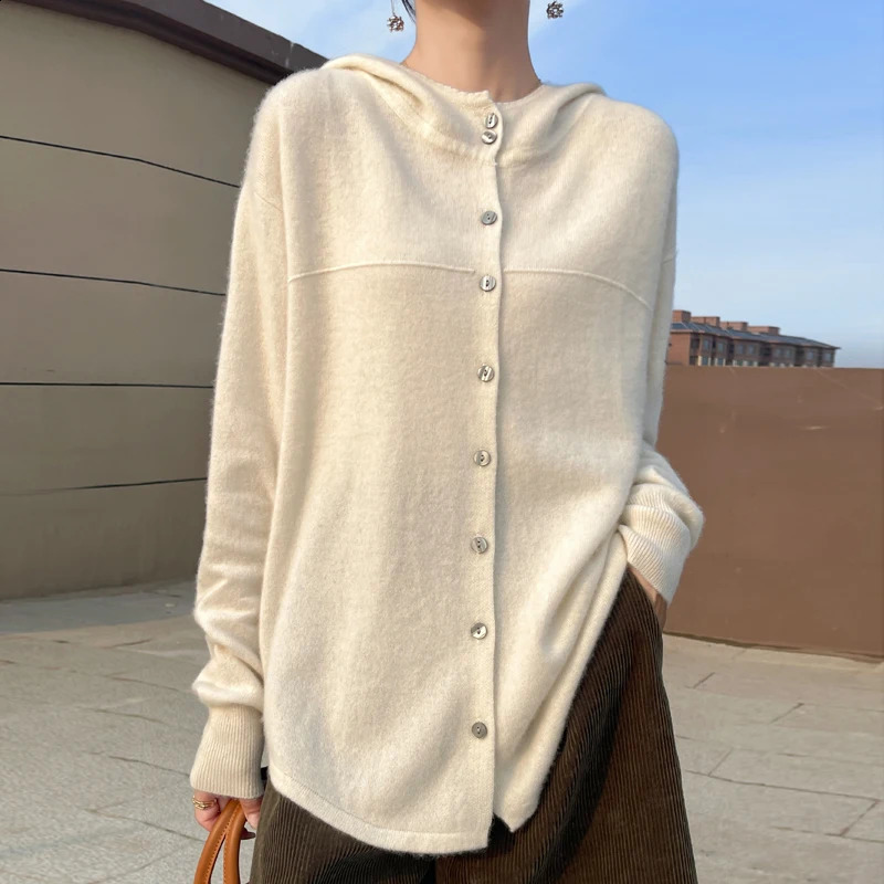 Autumn and winter womens 100% merino wool hooded cardigan O-neck multi-button solid color leisure fashion cashmere sweater 240813
