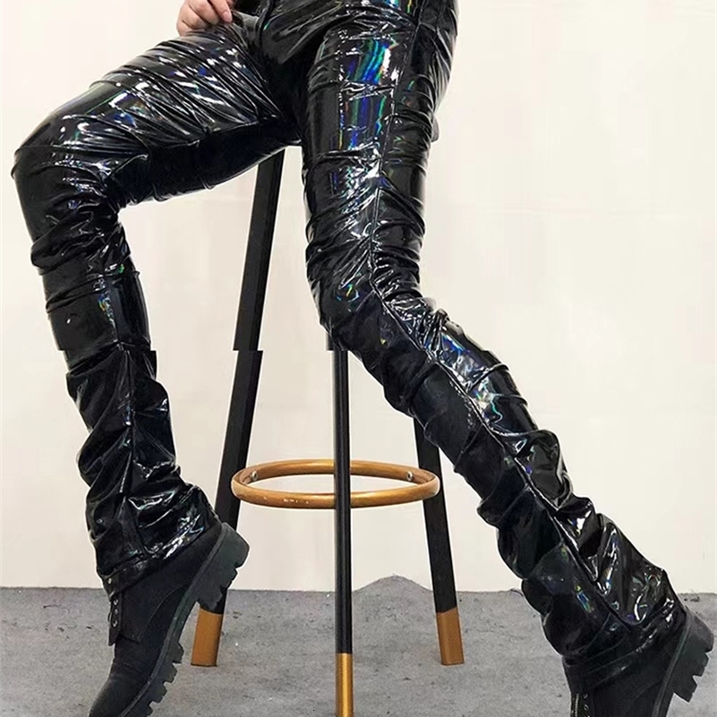 Mauroicardi Spring Autumn Long Cool Black Holographic Shiny Reflective Stretchy Soft PVC Faux Leather Stacked Pants for Men 2024 y240812