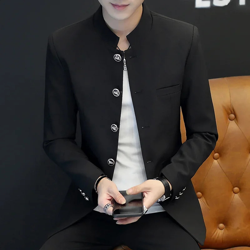 Men Solid Color Standing Collar Suit Coat Chinese Slim Fit Mens Zhongshan Jacket Autumn Wedding Dress Z36 240812