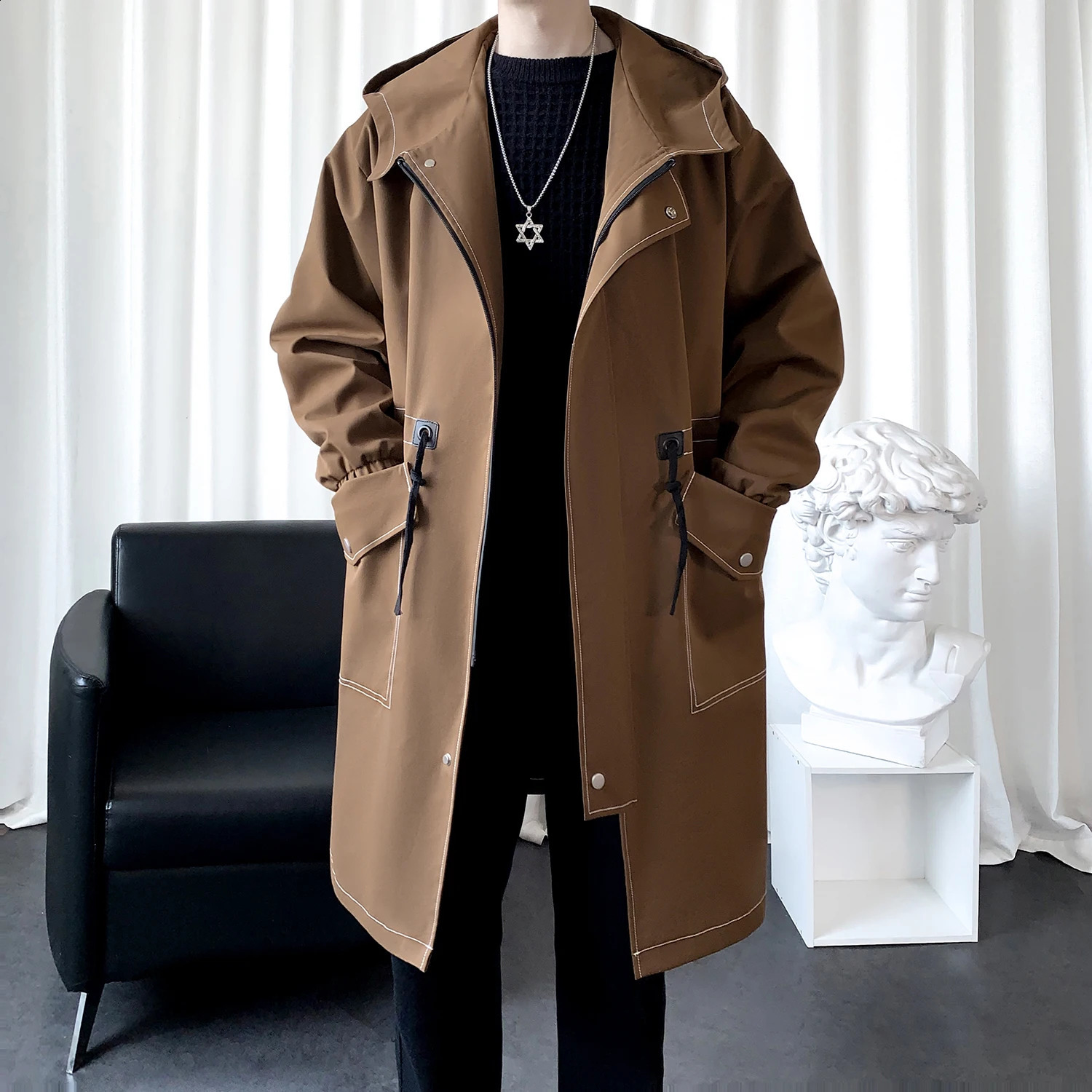 Autumn Mens Hooded Single Breasted Long Windbreaker Loose Oversized Casual Trench Coat Fashion Trend Zipper Tops Line Clothing 240812