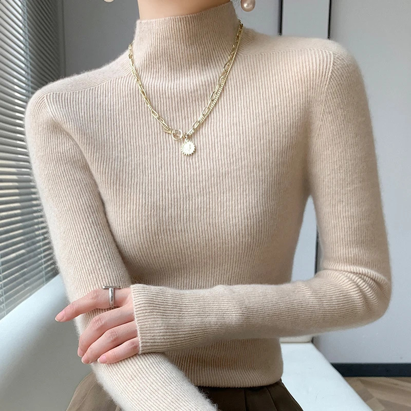 Pull d'automne pour femmes à moitié haut de cou en tricoté de la version coréenne Slim à manches longues poule en tricot solide 240813