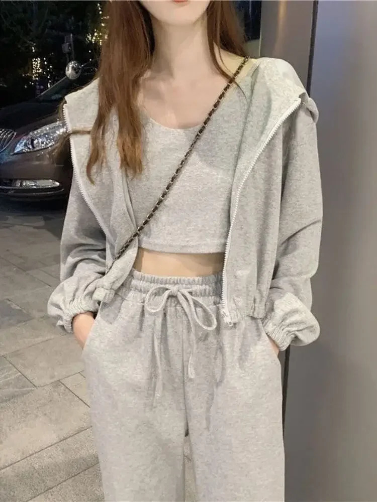 Female Running Tracksuit Womens 3 Pieces Sets Korean Style Gym Coat Loose Casual Fashion Sportswear Jogging Suits 240827