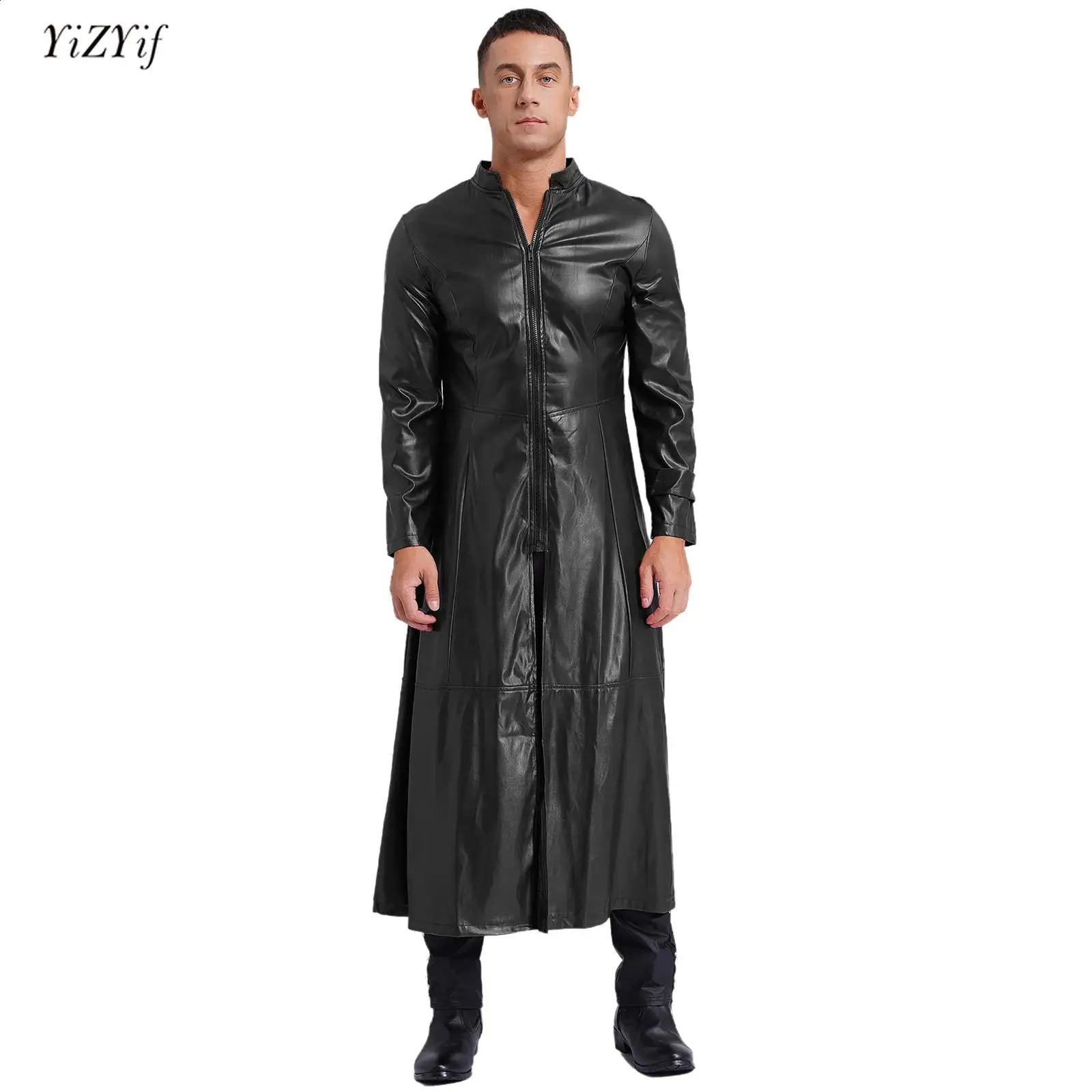 Mens Steampunk Faux Leather Trench Coat Stand Collar Zipper Long Sleeve Outerwear Windproof Jackets Overcoat Gothic Clothes 2024 240812