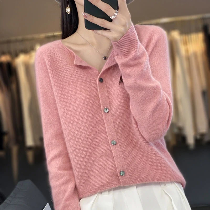autumn and winter ladies 100% merino wool cardigan casual knitting fashion O-neck cashmere sweater 240813