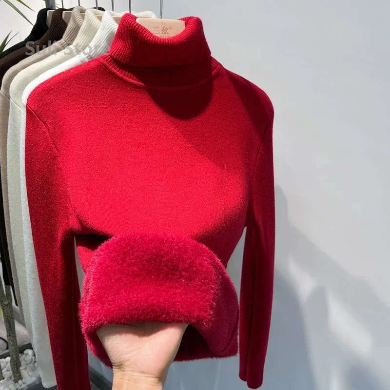 Womens Turtleneck Sweater Winter Retro Red with Velvet Lining Thickened Inner Wear Thermal Knitting Bottoming Shirt 240813