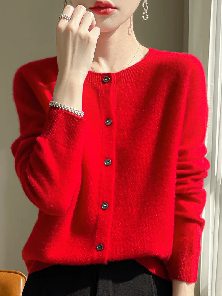 Womens Sweater Cardigans 100% Merino Wool Knitwear Raglan Sleeve Cashmere O-neck Solid Autumn Winter Casual Comfortable Tops 240813