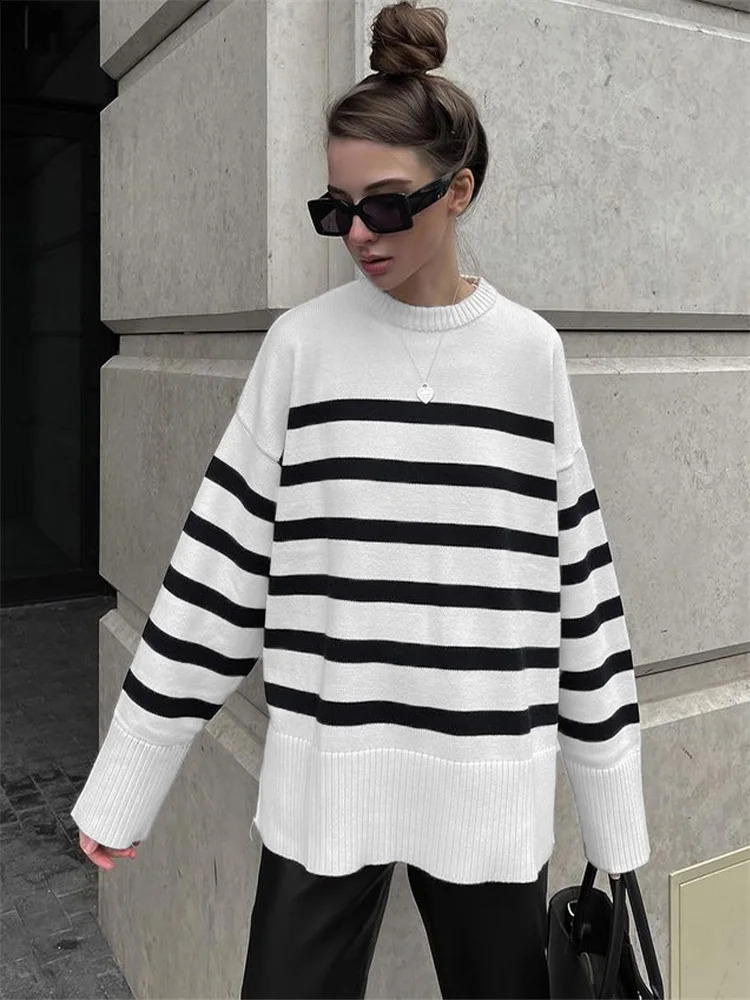 Women Stripe Knit Sweater Pullover Long Sleeve Knitted Tops O Neck Female Jumper Autumn Winter Streetwear White Baggy Sweaters 240813