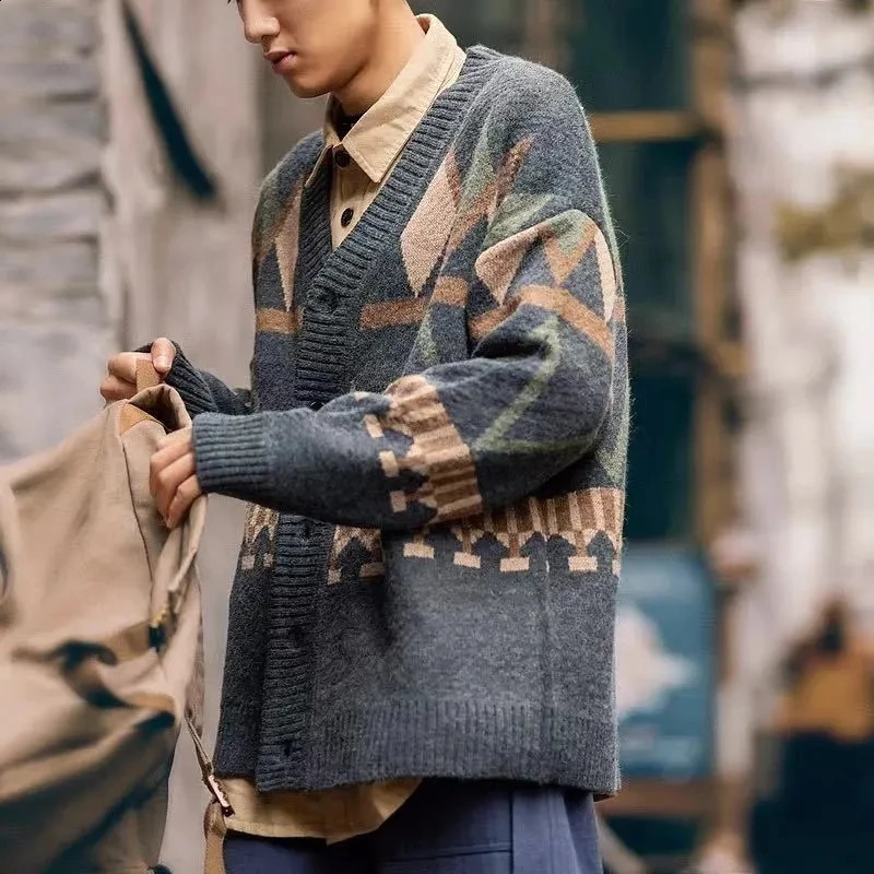 Pull de cardigan masculin rétro rétro japonais vneck tricots d'automne diamant contraste couleur jacquard ligne décontractée