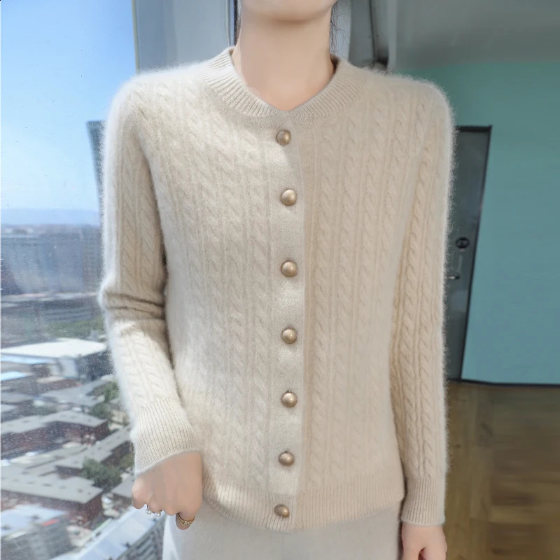 Womens Cashmere Cardigan Autumn/Winter Round Neck Long Sleeved Solid Color Twisted Flower Knitted Loose Thick Warm Jackets 240813
