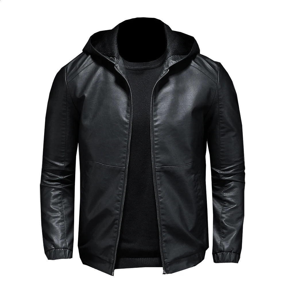 Motorcycle décontracté veste Pu Mens Vestes en cuir de mode d'automne d'hiver Male Slim Hooded chauds Vêtements en toison S-5XL 240813