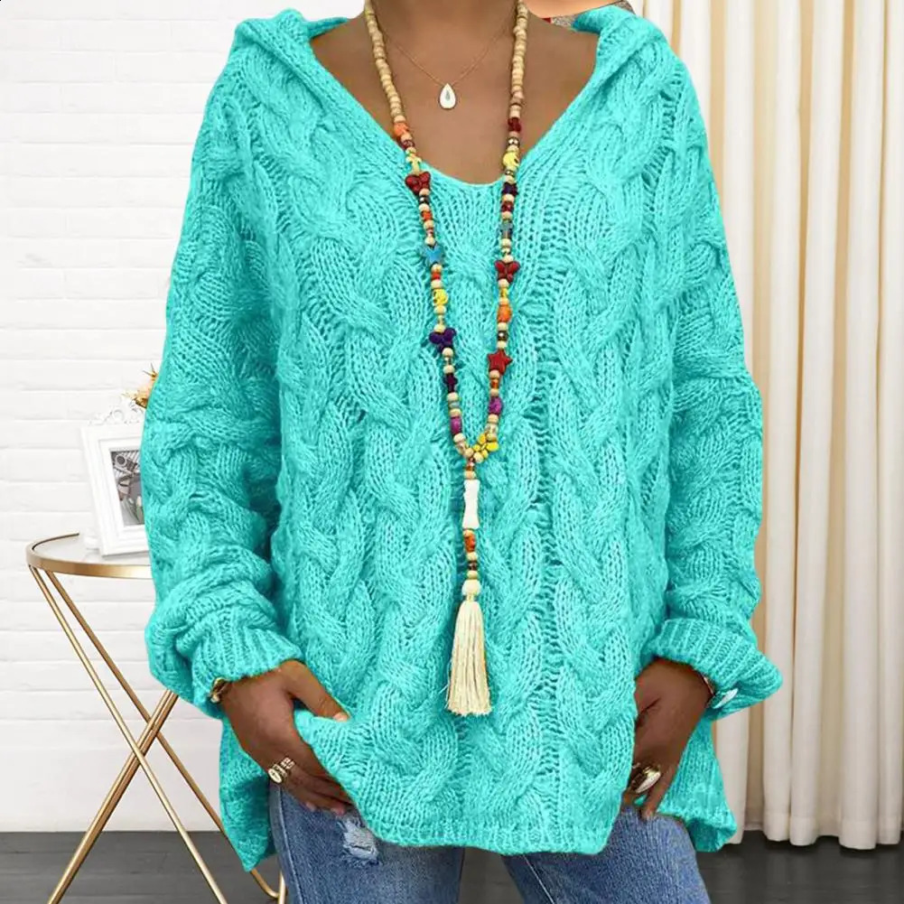 À capuche col en v manches longues torsion tricoté à capuche automne hiver couleur unie pull ample pull femme vêtements 240813