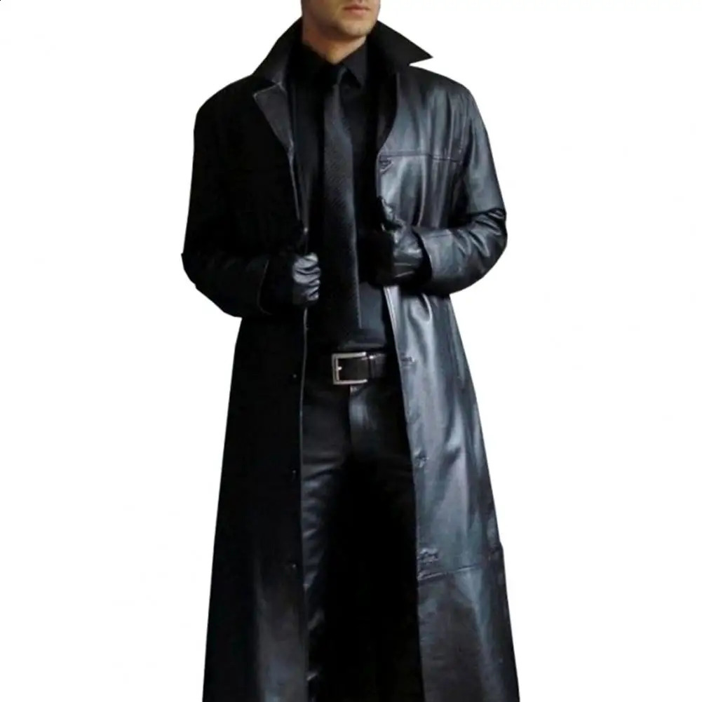 Men Jacket Turndown Collar Smooth Faux Leather Fall Coat Windproof Streetwear Slim Fit Long Sleeve Trench 240812