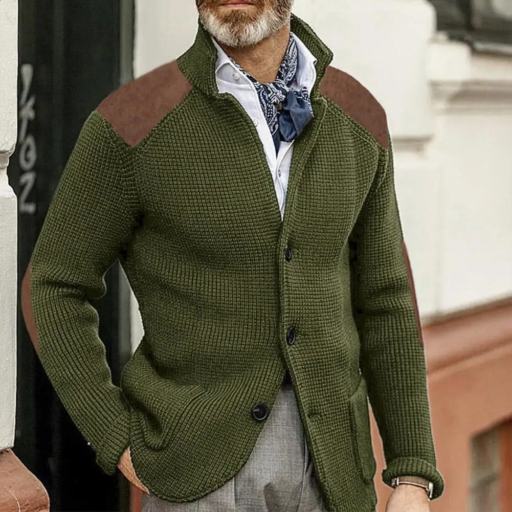 Spliced Sleeve Cardigan Sweater Mens Single-breasted Lapel Knitted Cardigan Sweater Coat with Patchwork Color for Winter 240813