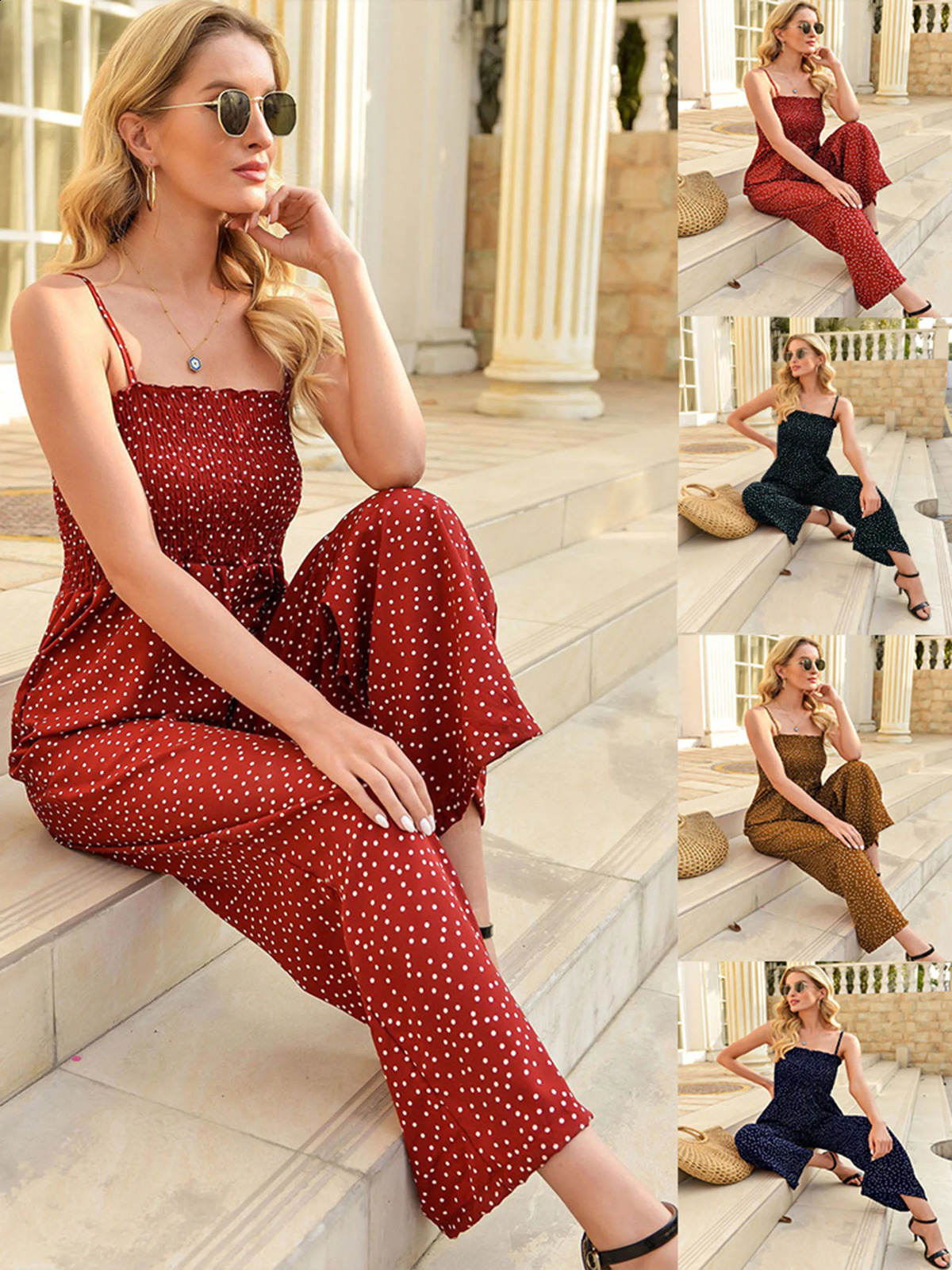 Europe and the United States spring and summer womens polka dot print wrap chest loose wide-leg one-piece trousers 240813