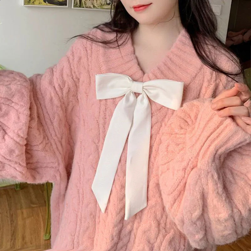 Pink Kawaii Oversize Knitwear Sweaters Women Sweet Cute Big Bow Pullovers Autumn Winter Keep Warm Lantern Sleeve V-Neck Sweater 240813