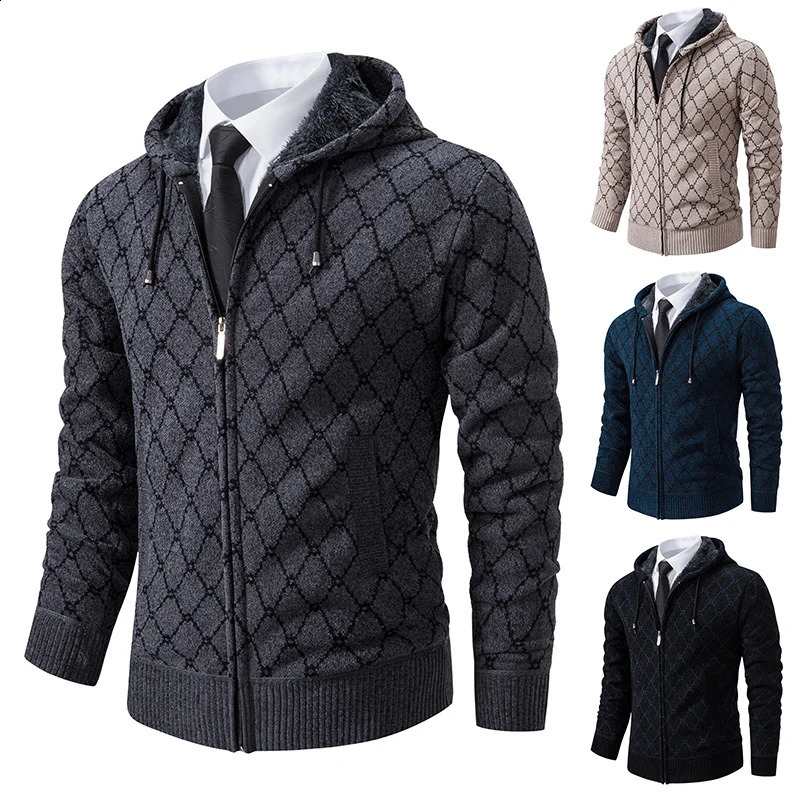 2024 Autumn and Winter Cardigan Sweater Mens Korean Fashion Zipper Knitted Coat Plush Thickened M3XL 240812