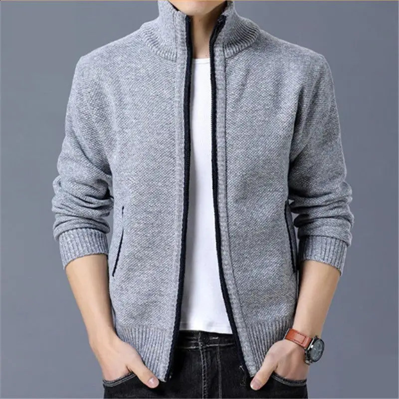 Autumn Winter Stand Collar Oversized Add Velvet Thick Warm Cardigan Sweater Men Loose Casual Zipper Knitted Coat Male Ouwear Top 240813