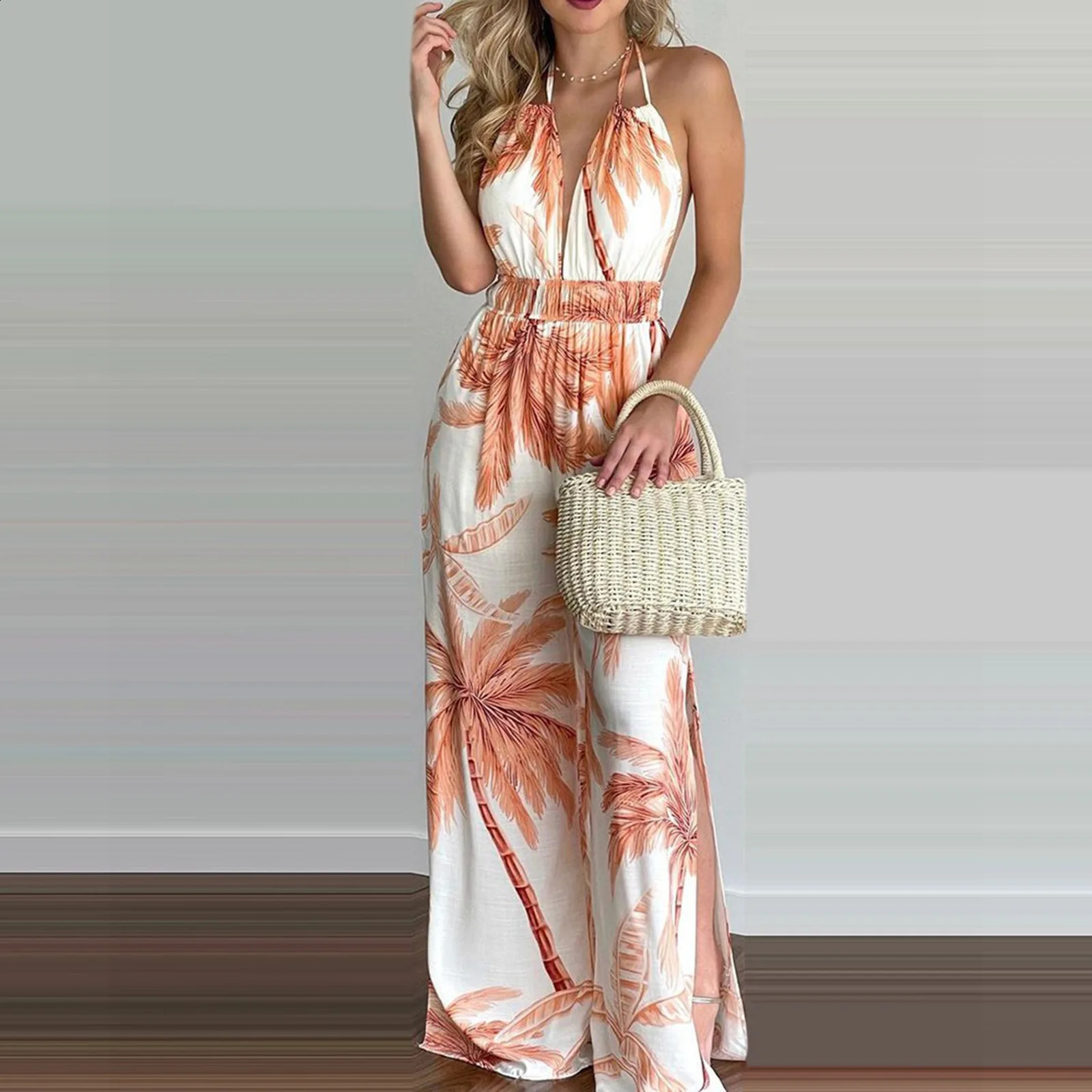 womens dress suspender digital print sleeveless V-neck colorful jumpsuit for women 240813