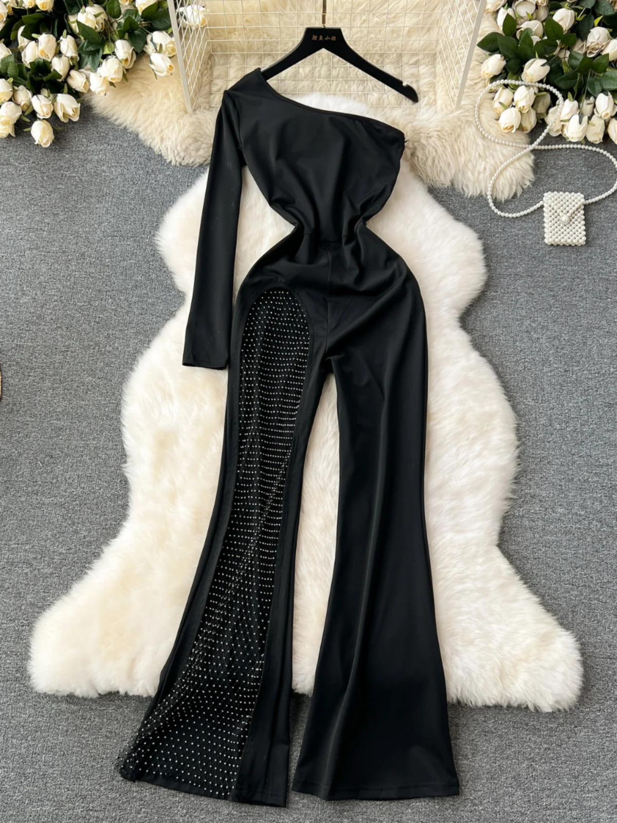 Foamlina Sexy Hollow Out Mesh Patchwork Rhinestone Detail Black Jumpsuit Women Fashion One Shoulder Long Sleeve Flared Jumpsuits 240813