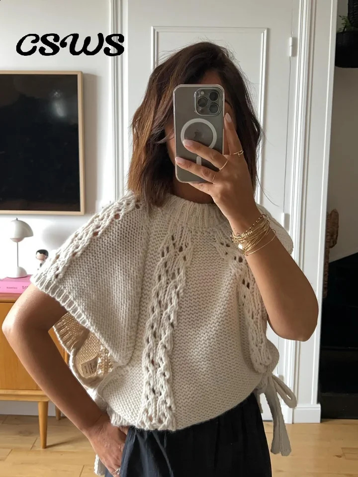 Elegant Hollow Out Knitted Sweater Women Loose O-neck Lace Up Short Sleeve Pullover Autumn Casual Solid All-match Outerwear 240813