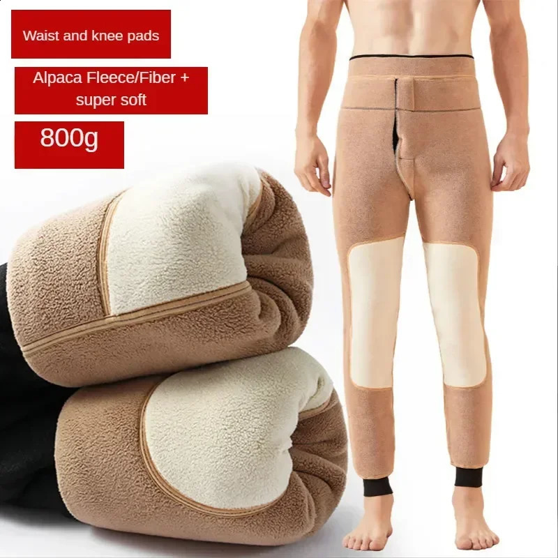 Mens Thermal Pants Stretch Leggings Alpaca Wool Winter Underwear Goods Cold Classic Plush Thick Cottonpadded Trousers y240812