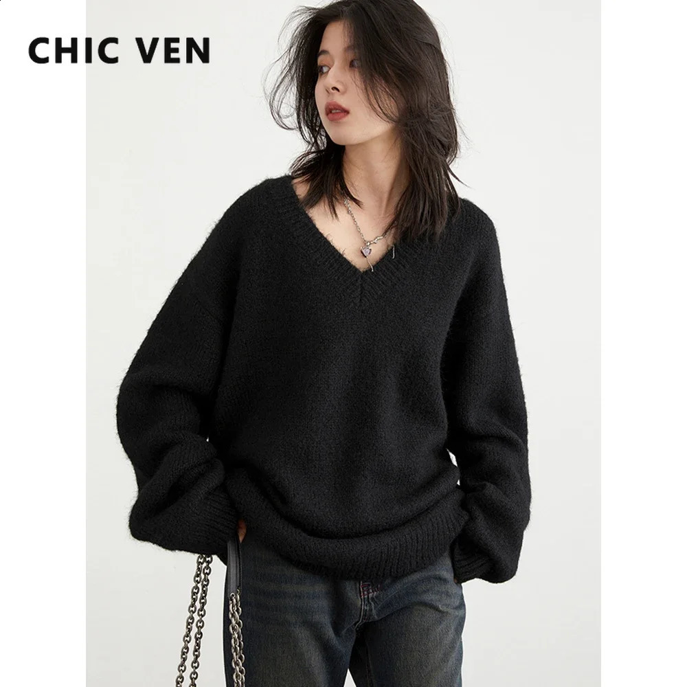 CHIC VEN Women Sweaters Loose Pullovers V-neck Knitwear Red Knitted Jumpers Female Top Fashion Woman Autumn Winter 240813