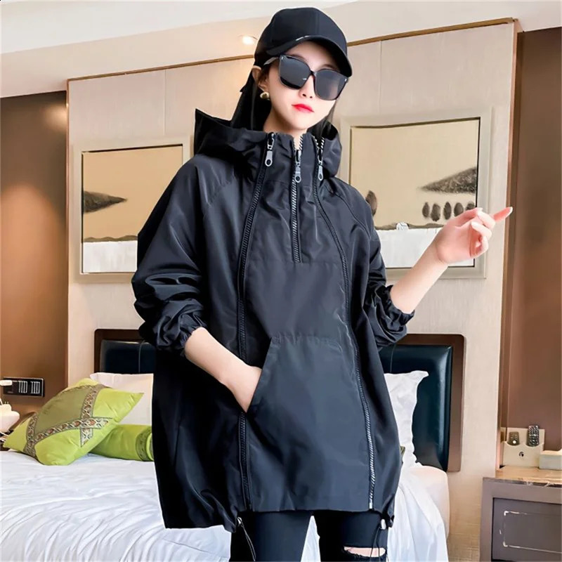 2024 Spring Coat Womens Hooded Sportsweater Casual Outwear Sun Protecti Summer Thin Jacket White Windbreaker Korean 240812