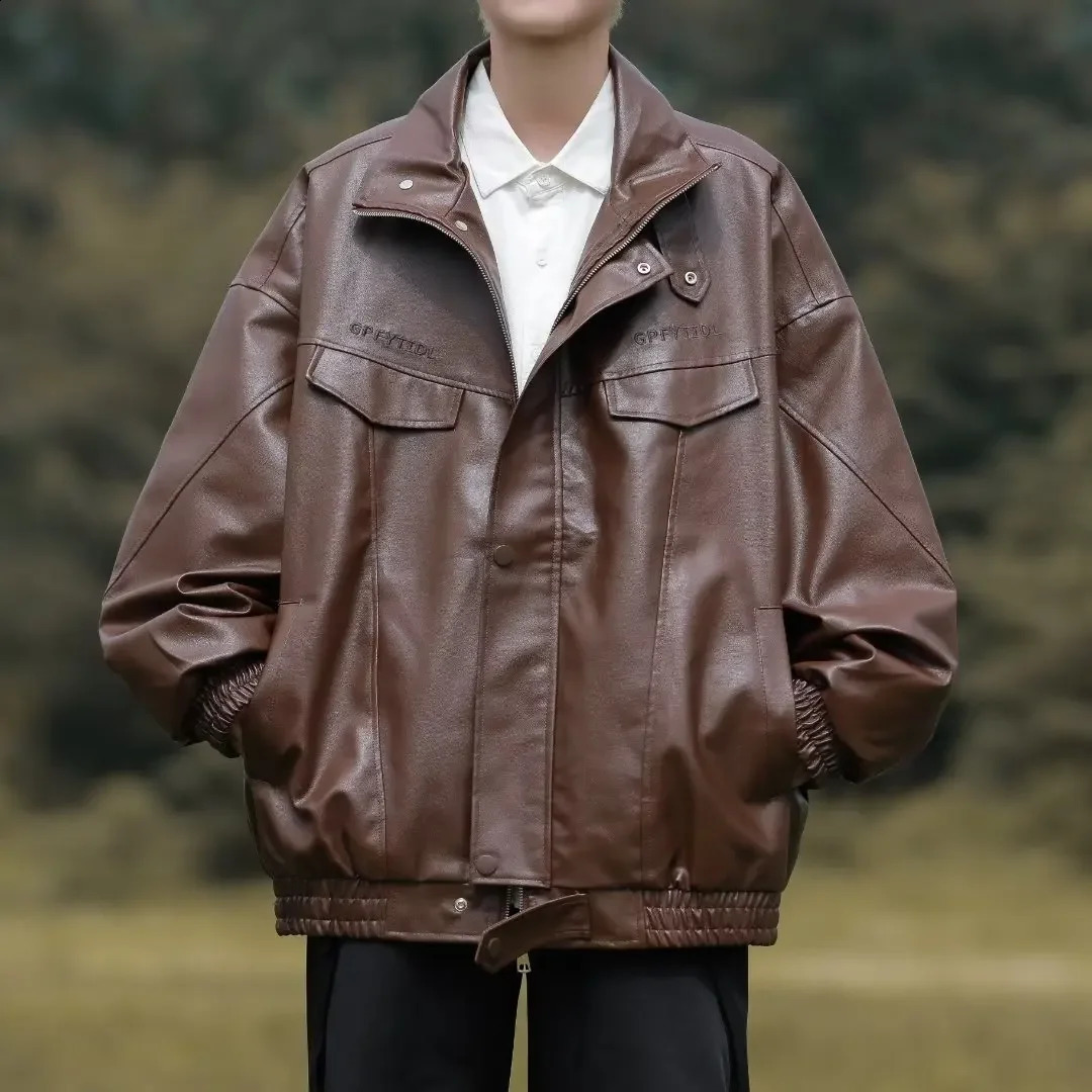 Autumn Winter American Retro Mens High Street Leather Jacket Fashion Oversized Baggy Motorcycle Jacket Coat for Men Streetwear 240813