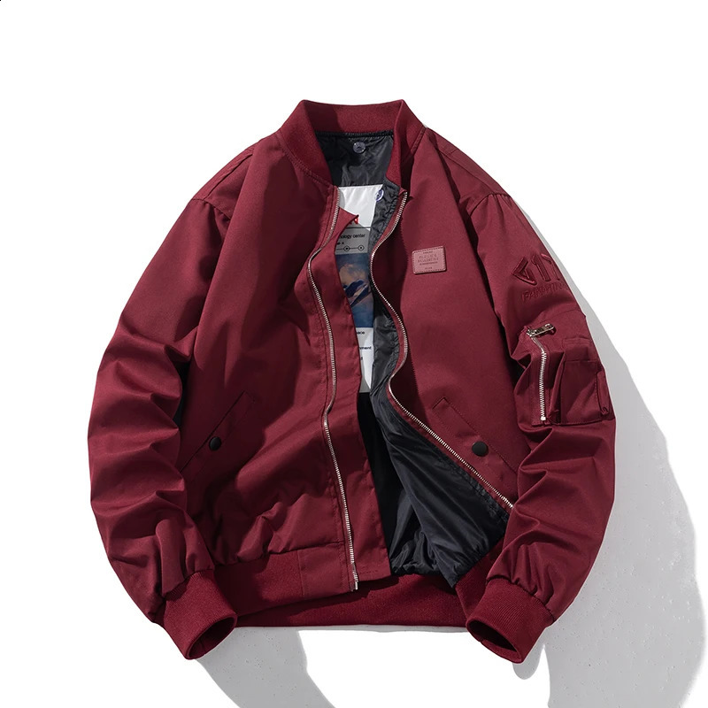 Mens bomber jacket retro pilot jacket solid spring and autumn flight jacket American hip-hop streetwear windproof Burgundy240812