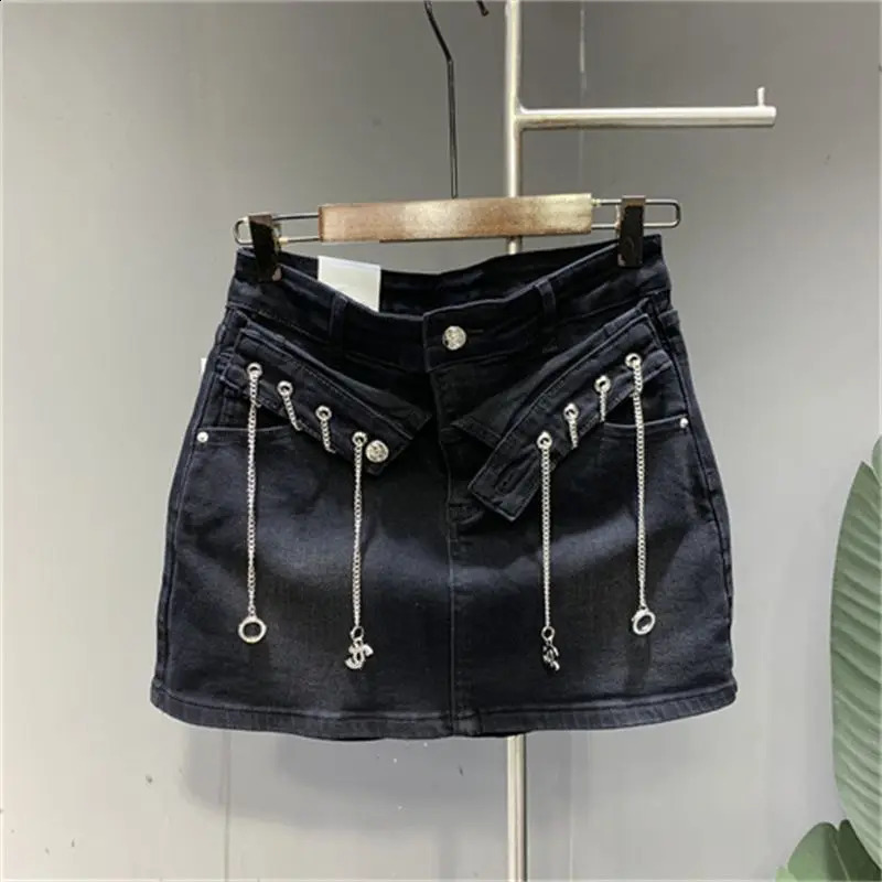 Summer Hip Hop High Street All-match Solid Color High Waist Button Zipper Patchwork Pocket Chains Womens A-line Skirts 240813