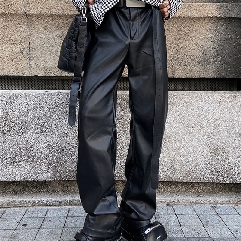 Mauroicardi Spring Autumn Long Black Loose Casual Soft Faux Leather Straight Pants Men Cool Unisex Clothing Korean Fashion y240812