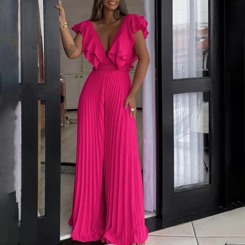 Femmes élégantes Ruffles Slim Jumps combinaison Fashion Summer High Pleat Pant Globalement Femme Solide en V Deech Nectitrage Réger 240813