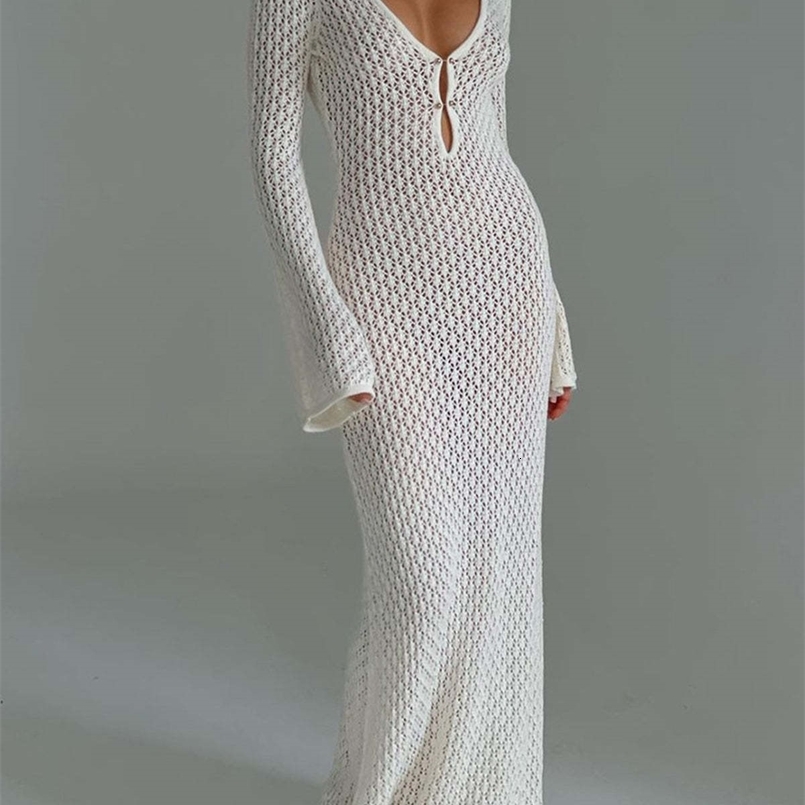 Couverture sexy à manches longues Longue robe Femmes Backless Place Wear Suise de bain Tricot de maillot de bain en tricot Robe de plage Robe 240