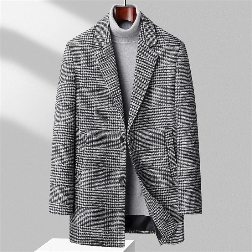 High-end Fashion with Winter Mens Business Leisure with Herringbone Wool Trench Coat Polyester Winter Coat Men 240812