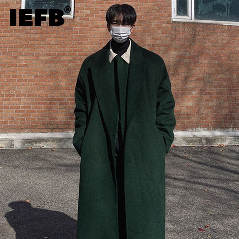 IEFB Long Woolen Coat Men Autumn Winter Korean Fashion Loose Thick Trench Solid Color Over Knee Male Jacket 9A6518 240812