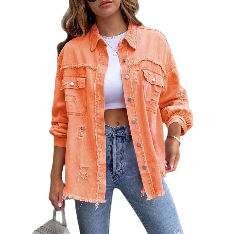 Women Spring Autumn Shirt Style Jeancoat Holes Raw-edges Denim Jacket Casual Top Rose-Red Orange Purple Outerwear Lady Coat 240812cj