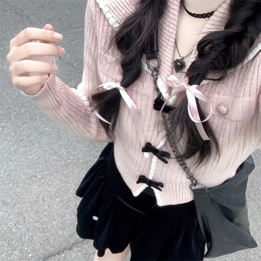 Women Fashion Japanese Style Bow Sweaters Short Length Slim Fit Pink Sweet Cardigan Long Sleeve High Waist Knitted Coats Tops 240813