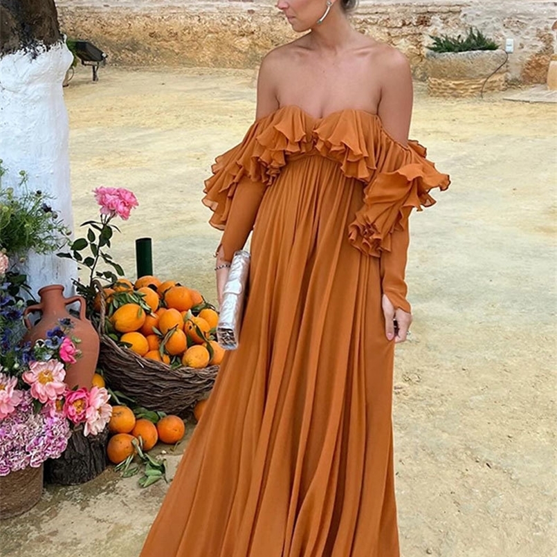 Été élégant solide à volants Maxi robe femme chic au large de l'épaule hauteur de la plage de la plage robe dame la soirée vestidos 240812cj